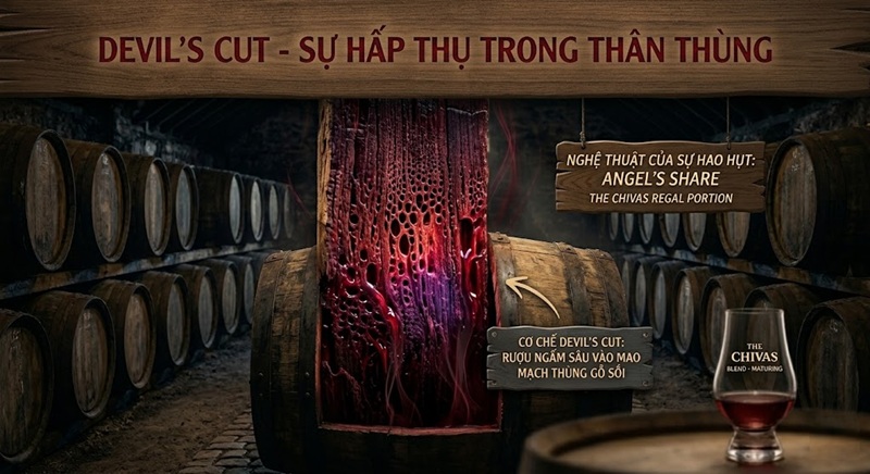 Cơ chế Devils Cut - rượu ngấm sâu vào mao mạch thùng gỗ sồi