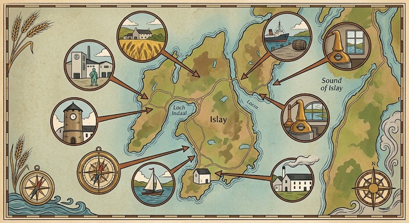 bản đồ 9 nhà máy chưng cất nổi tiếng tại vùng islay scotland