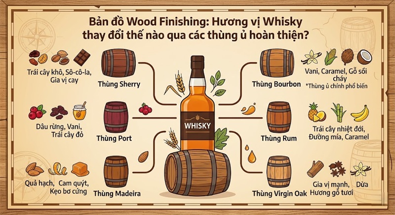 bản đồ wood finishing hương vị whisky thay đổi thế nào qua các thùng ủ hoàn thiện