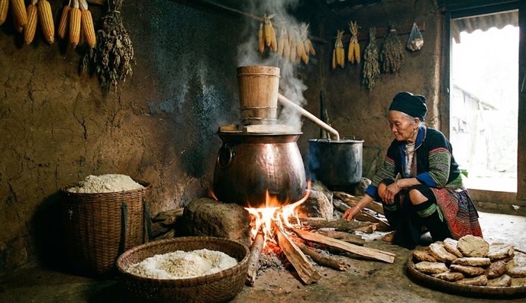Bếp lửa nấu rượu men lá truyền thống của người vùng cao