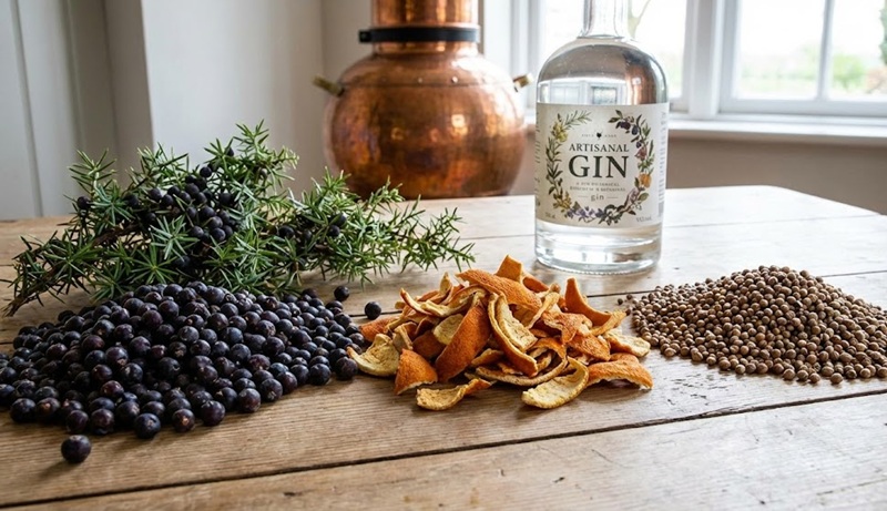 Các loại thảo mộc phổ biến trong rượu Gin: Bách xù, Vỏ cam, Hạt ngò...