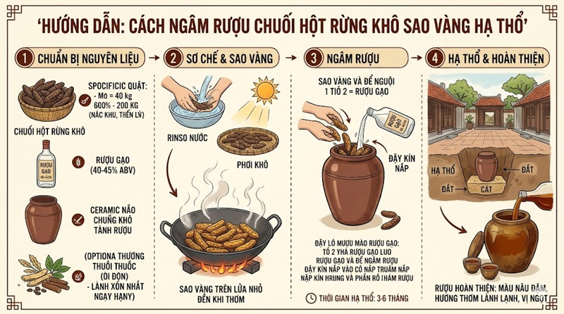 cách ngâm rượu chuối hột rừng khô sao vàng hạ thổ chuẩn vị