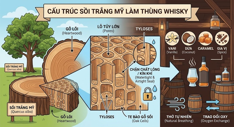 cấu trúc của sồi trắng mỹ làm thùng whisky