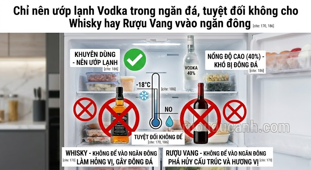 chỉ nên ướp lạnh Vodka trong ngăn đá, tuyệt đối không cho whisky hay rượu vang vào ngăn đông