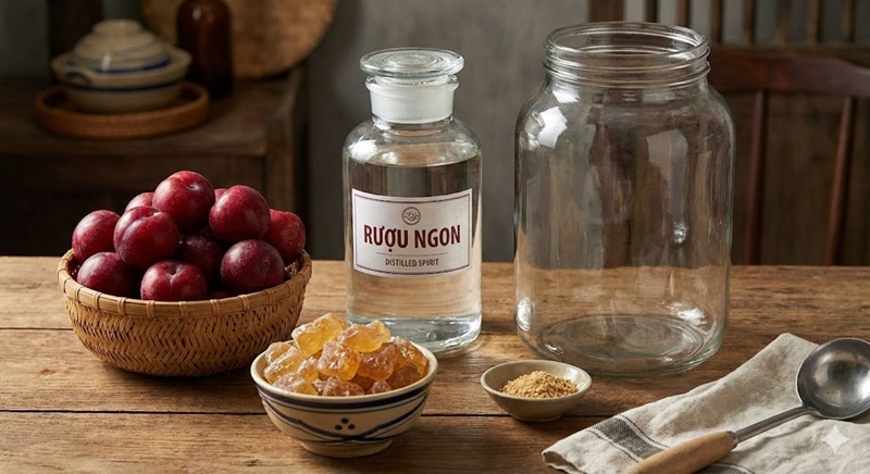 chuẩn bị nguyên liệu ngâm rượu mận mận hậu, đường phèn và rượu ngon