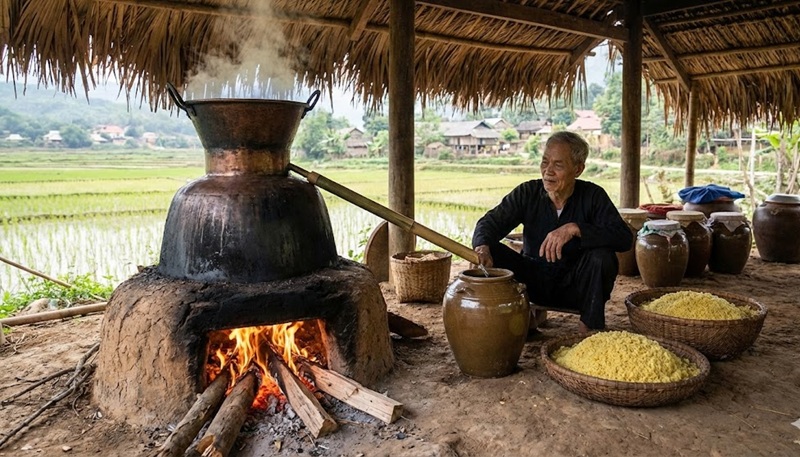 chưng cất rượu nếp cái hoa vàng bằng nồi đồng đun củi