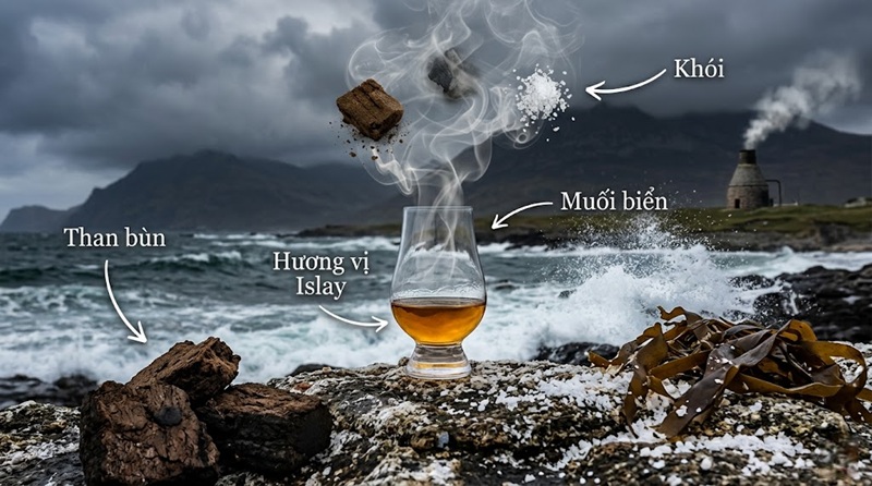 huong vi khoi than bun va muoi bien trong ruou whisky dao islay