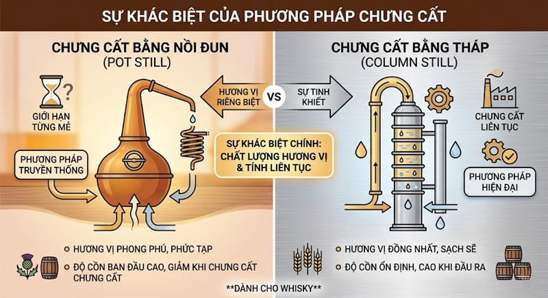 khác biệt về phương pháp chưng cất Pot Still vs Column Still