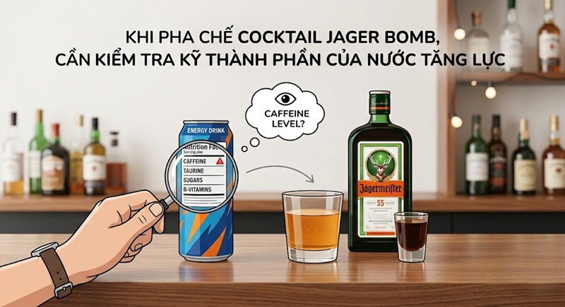 khi pha chế cocktail jager bomb, cần kiểm tra kỹ thành phần của nước tăng lực