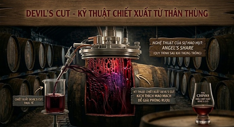 kỹ thuật chiết xuất Devils cut từ thùng gỗ sồi trống