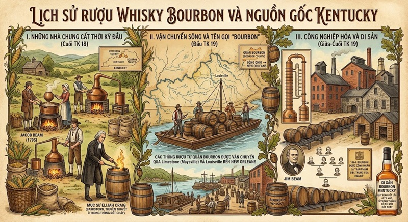 lịch sử bắt đầu của rượu whisky bourbon và nguồn gốc bang kentucky