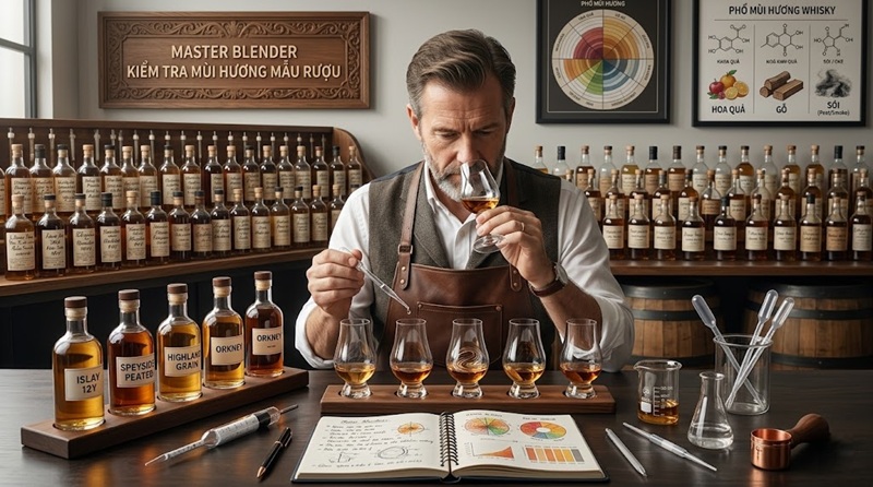 Master Blender kiểm tra mùi hương của các mẫu rượu trong phòng thí nghiệm