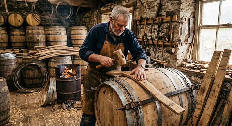 nghệ nhân Cooper đang lắp ráp thùng gỗ Sồi ủ rượu Whisky