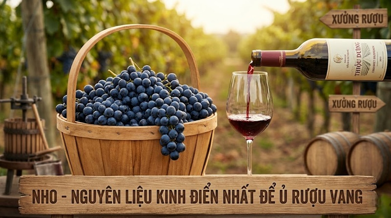 nho là nguyên liệu kinh điển nhất để ủ rượu vang