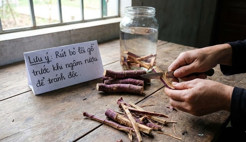 phải rút bỏ phần lõi gỗ của củ ba kích trước khi ngâm rượu để tránh độc