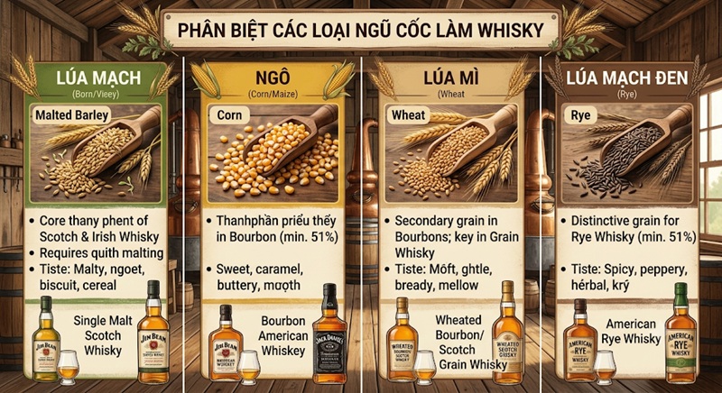 Các loại ngũ cốc được sử dụng sản xuất whisky 3 phân biệt các loại ngũ cốc làm whisky lúa mạch ngô lúa mì lúa mạch đen