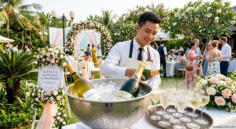 phục vụ rượu vang trắng và champagne ướp lạnh cho tiệc cưới ngoài trời mùa hè