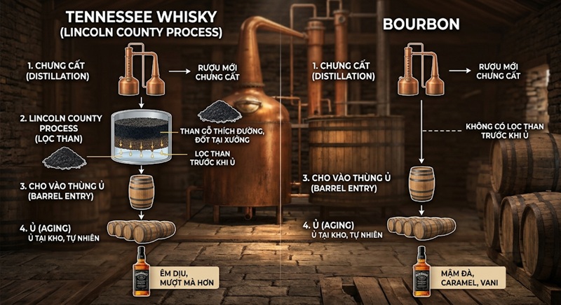 quy trình lọc than lincoln county process của tennessee whisky so với bourbon