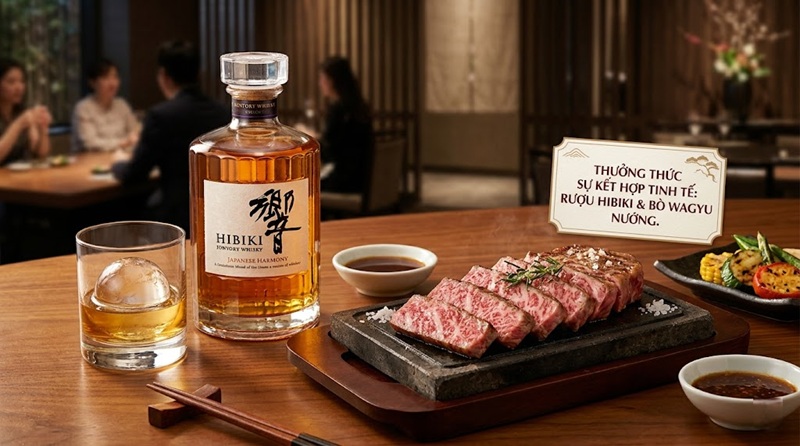 rượu hibiki kết hợp cùng bò wagyu nướng