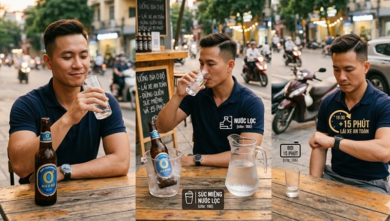 sau khi uống bia không cồn, nên súc miệng bằng nước lọc và đợi 15 phút trước khi lái xe