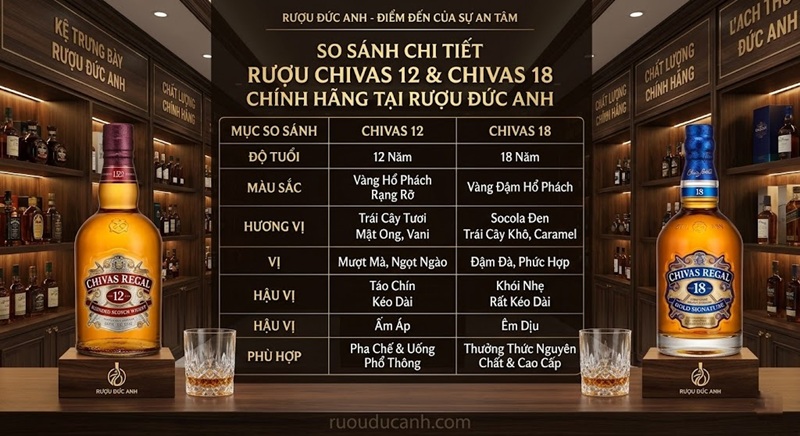 so sánh chi tiết rượu Chivas 12 và Chivas 18 chính hãng tại Rượu Đức Anh
