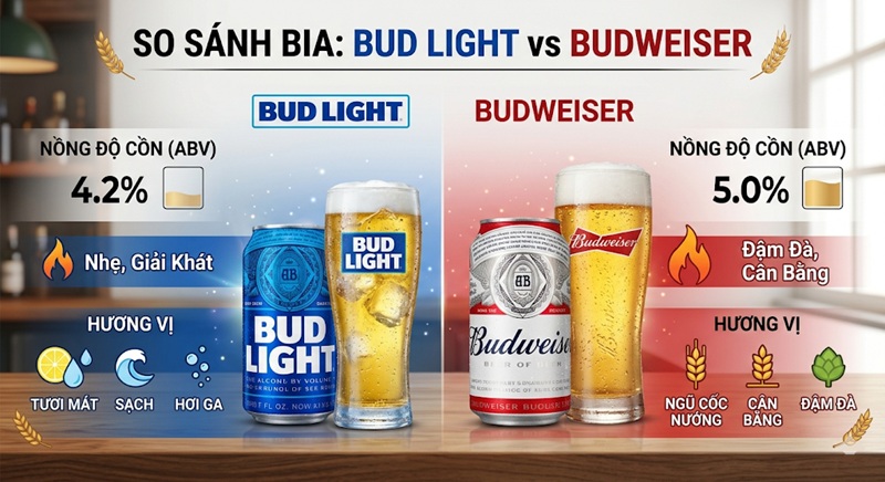 so sánh hương vị và nồng độ giữa bia bud light và budweiser