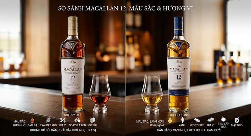 so sánh màu sắc và hương vị Macallan 12 Sherry Oak và Double Cask