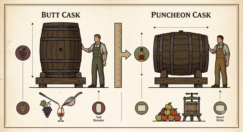 sự khác biệt giữa kích thước thùng butt cask và puncheon cask
