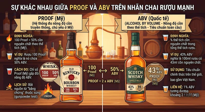 sự khác nhau giữa proof và abv là gì trên nhãn chai rượu mạnh