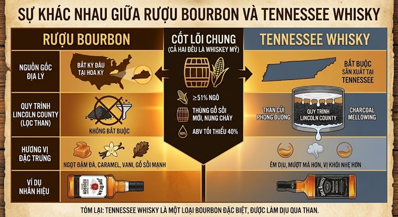 sự khác nhau giữa rượu bourbon và tennessee