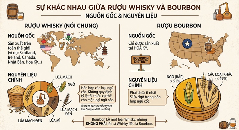 Sự khác nhau giữa rượu whisky và Bourbon 1 sự khác nhau giữa rượu whisky và bourbon về nguồn gốc và nguyên liệu
