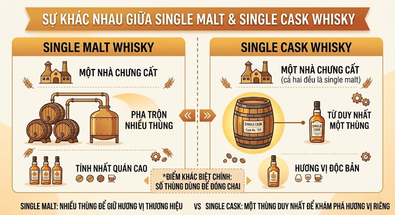 Sự khác nhau giữa Single Cask Whisky và Single Malt Whisky