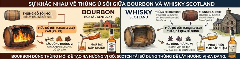 Sự khác nhau giữa rượu whisky và Bourbon 2 sự khác nhau về thùng ủ sồi giữa bourbon và whisky scotland