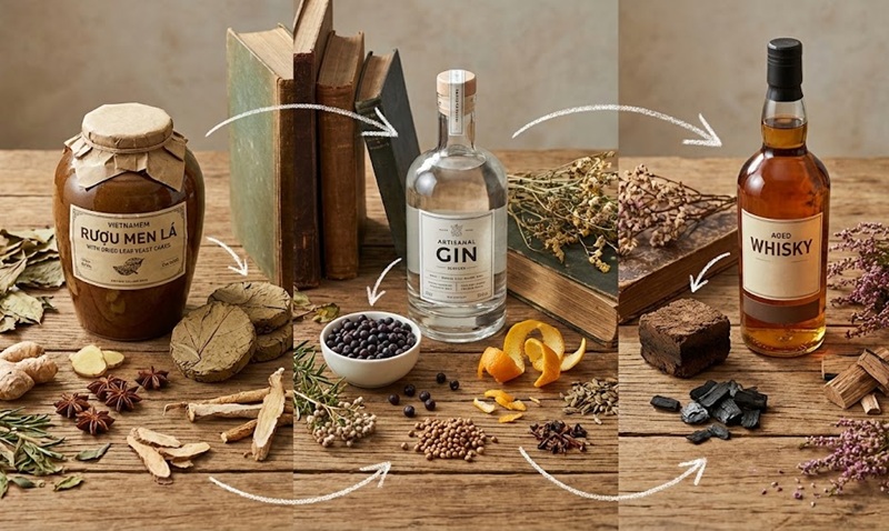 Sự tương đồng về thảo mộc giữa rượu men lá và rượu Gin, Whisky