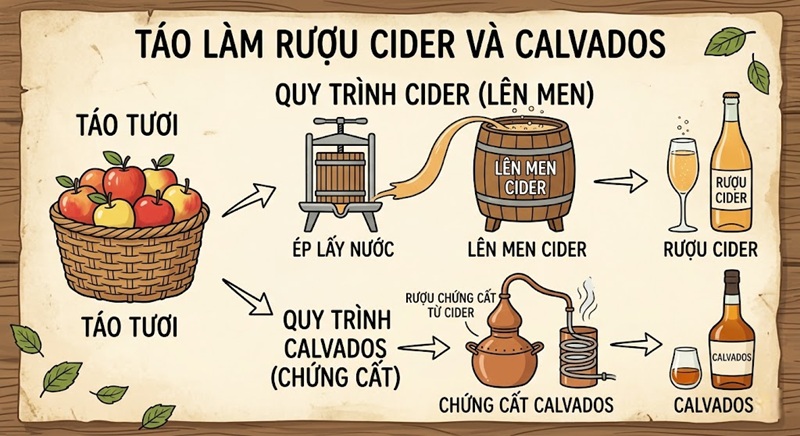 táo được sử dụng để lên men rượu cider và chưng cất calvados