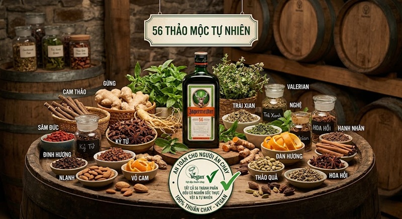 thành phần 56 loại thảo mộc tự nhiên của rượu jagermeister an toàn cho người ăn chay