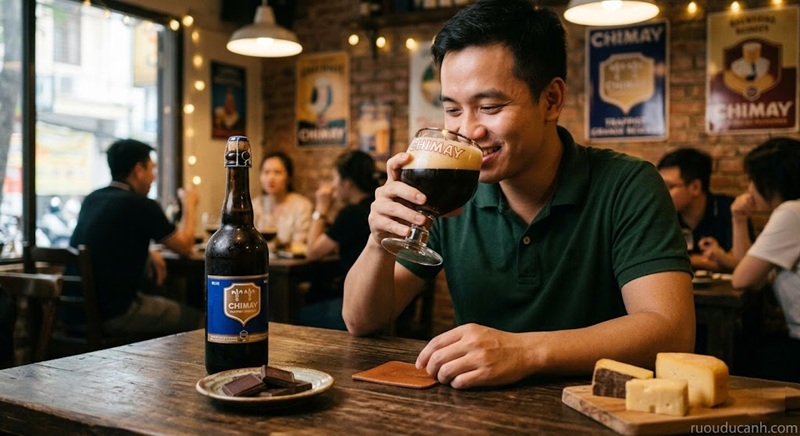 thưởng thức bia Chimay bằng ly chalice ly miệng rộng và tuyệt đối không dùng đá
