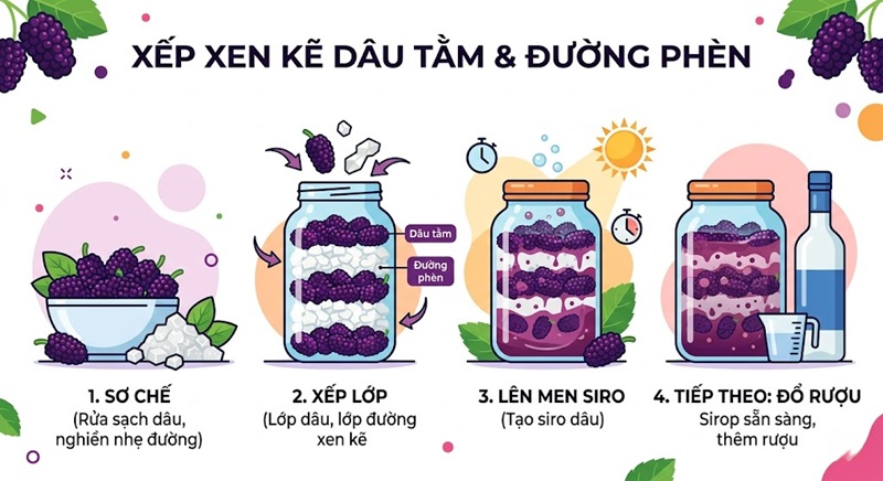 xếp xen kẽ dâu tằm và đường phèn để lên men siro trước khi đổ rượu